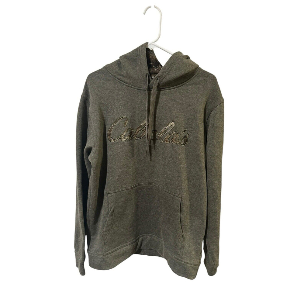 Vintage Cabelas Size Large Gray Camouflage Spell Out Hooded Sweatshirt Hunting